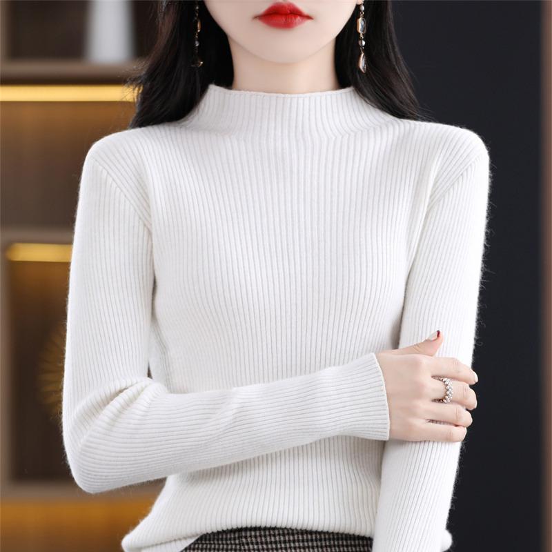Women's Slim Fit Short Wool Knit Sweater - Solid Color, Half-High Collar