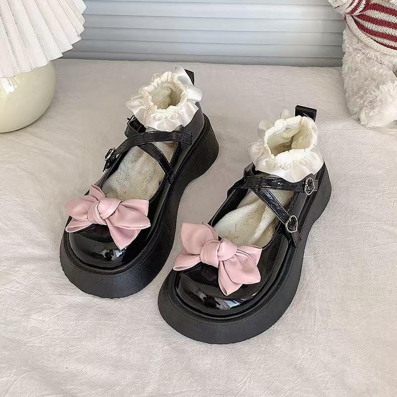 

JK маленькие кожаные туфли женские весна и осень толстая подошва бант 2025 новые круглые японские туфли Лолита Мэри Джейн 35 розовый