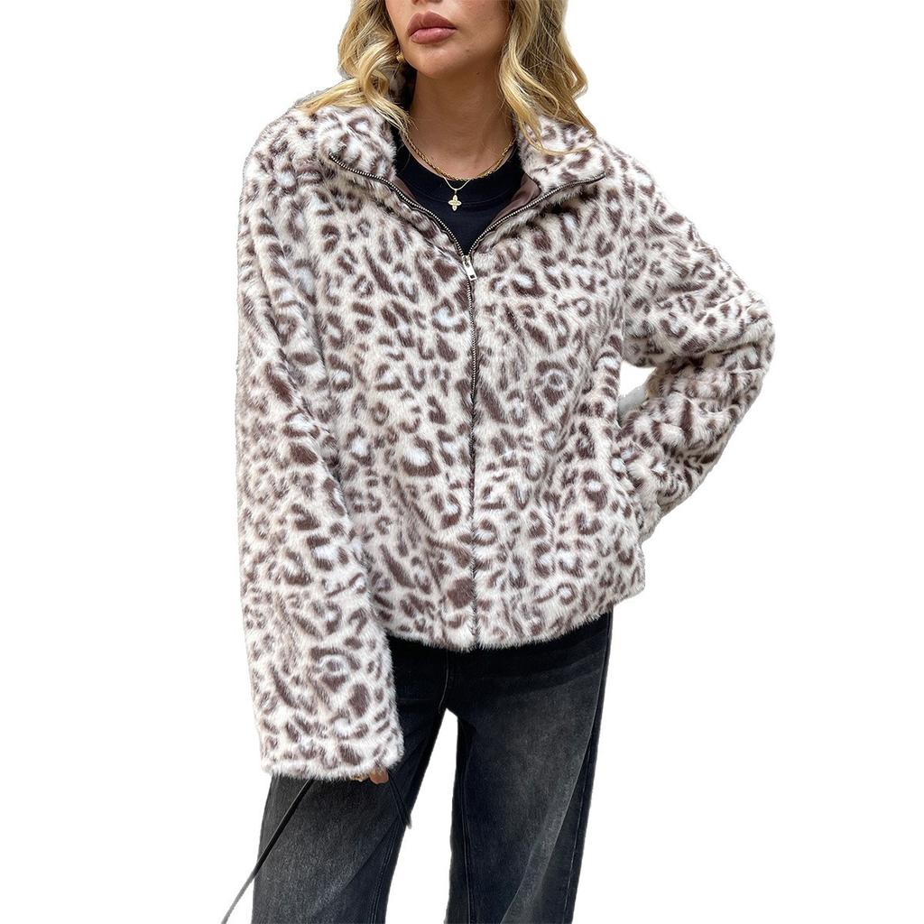 Kaikuo Palton Jachetă Elegantă Europeană cu Imprimeu Leopard Pufos cu Mâneci Lungi pentru Femei Toamnă și Iarnă 2025