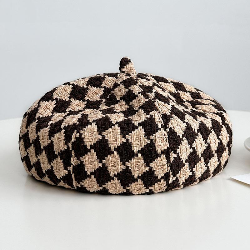Hat Women's Fashionable and Versatile Houndstooth Beret Women's Early Autumn Face Showing Little Painter's Hat Simple Temperament Pumpkin Hat