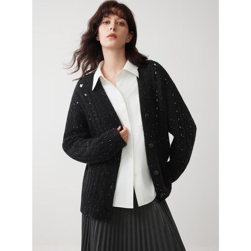 ELLE Women's Sequin V-Neck Merino Wool Cardigan