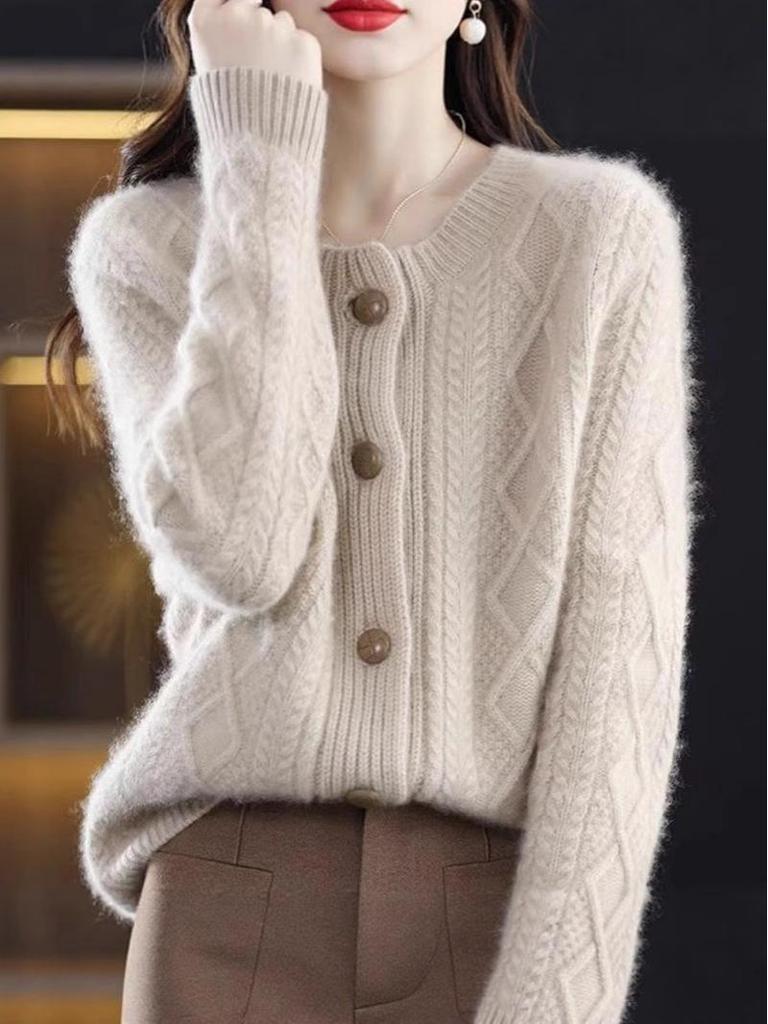 Elegant Diamond Buckle Knit Cardigan for Women - Autumn/Winter Loose Fit 
