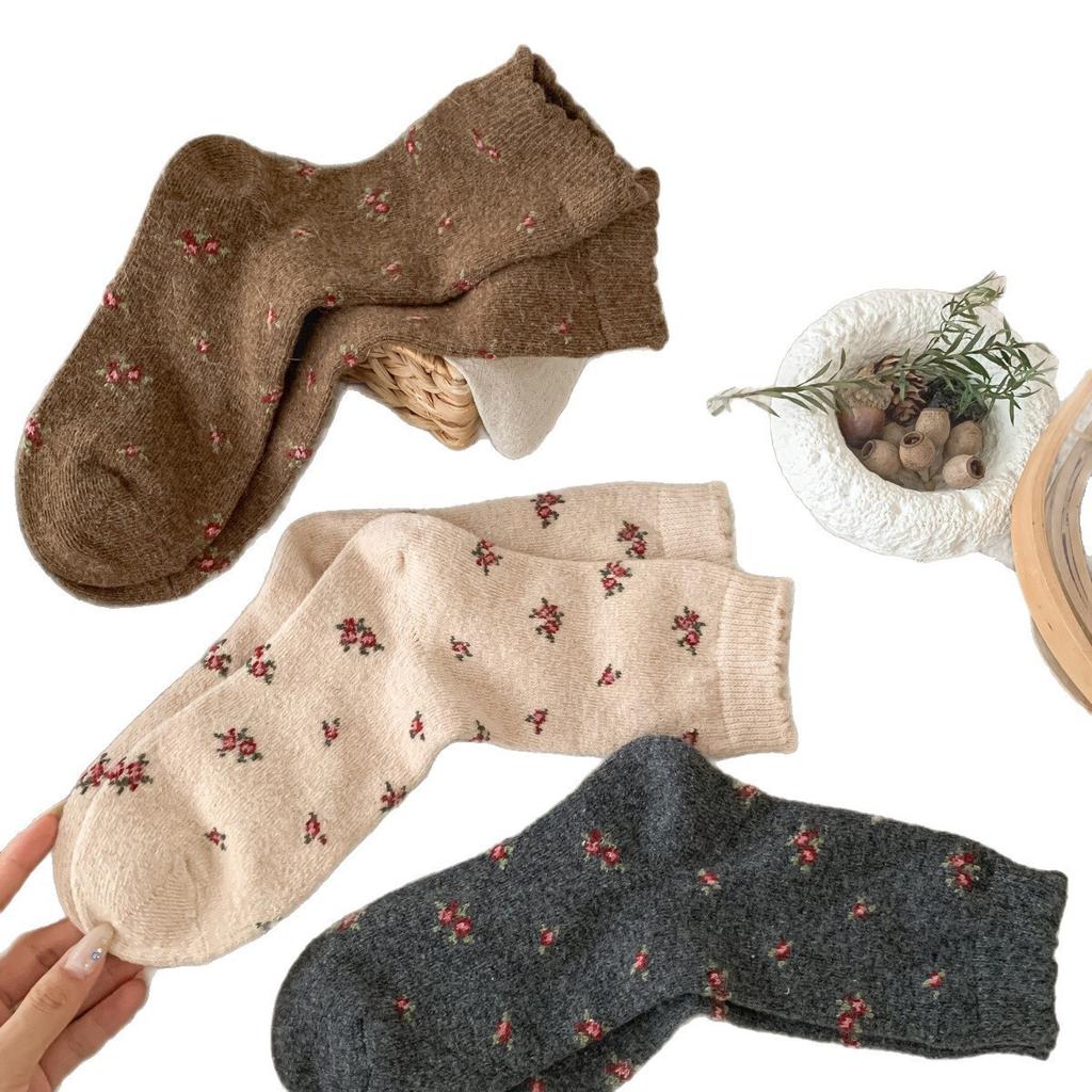 Dark Gray Vintage Thickened Warm Children'S Winter Floral Piles Of Socks Coffee Color Mid-Leg Socks Snow Boots Wool Socks
