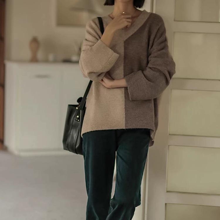 European Chic V-Neck Color Block Pure Wool Women's Sweater, Autumn Winter Loose Knit Pullover.