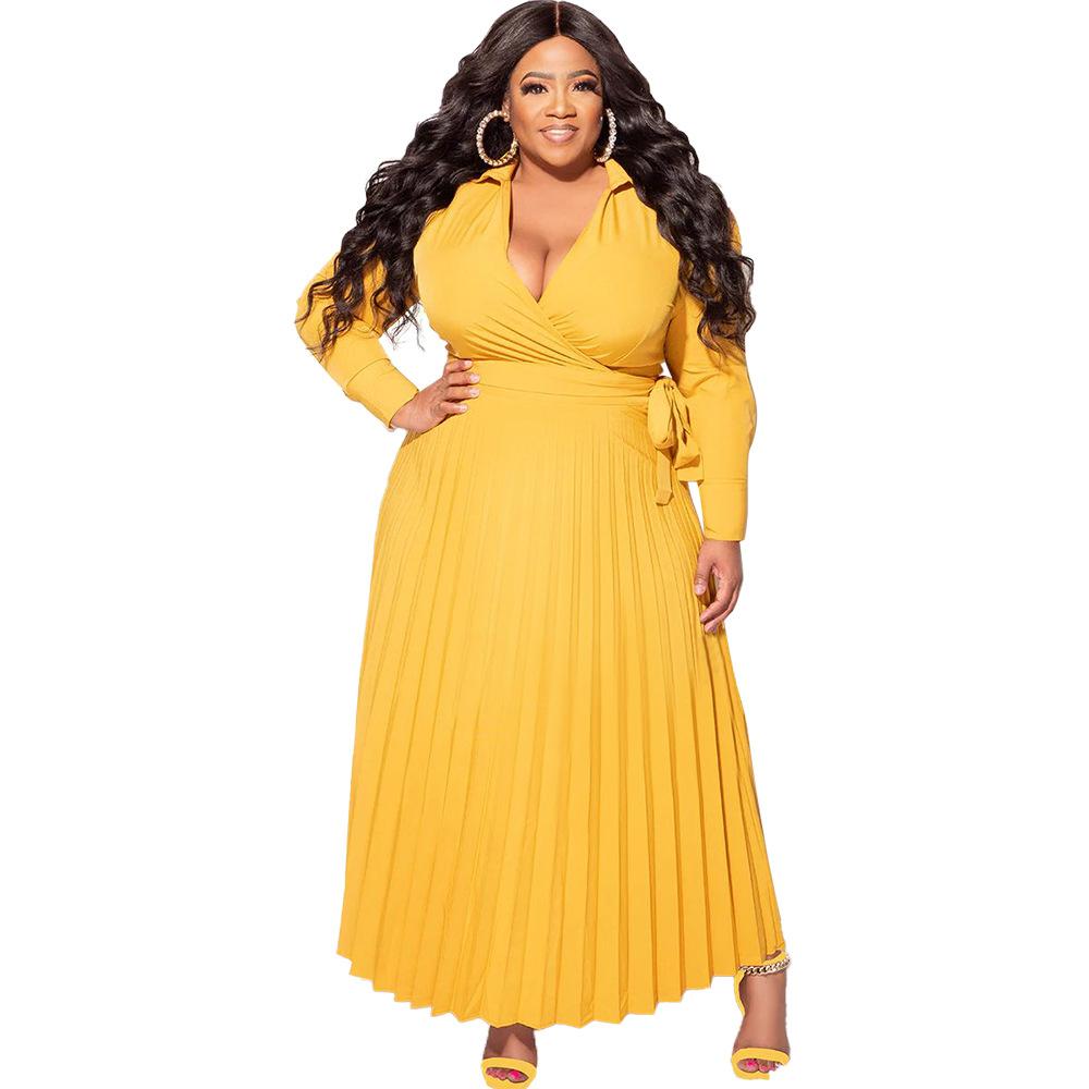 

Платье больших размеров для женщин с V-образным вырезом, длинными рукавами, плиссированное, облегающее, темпераментное, на весну и осень 4XL жёлтый