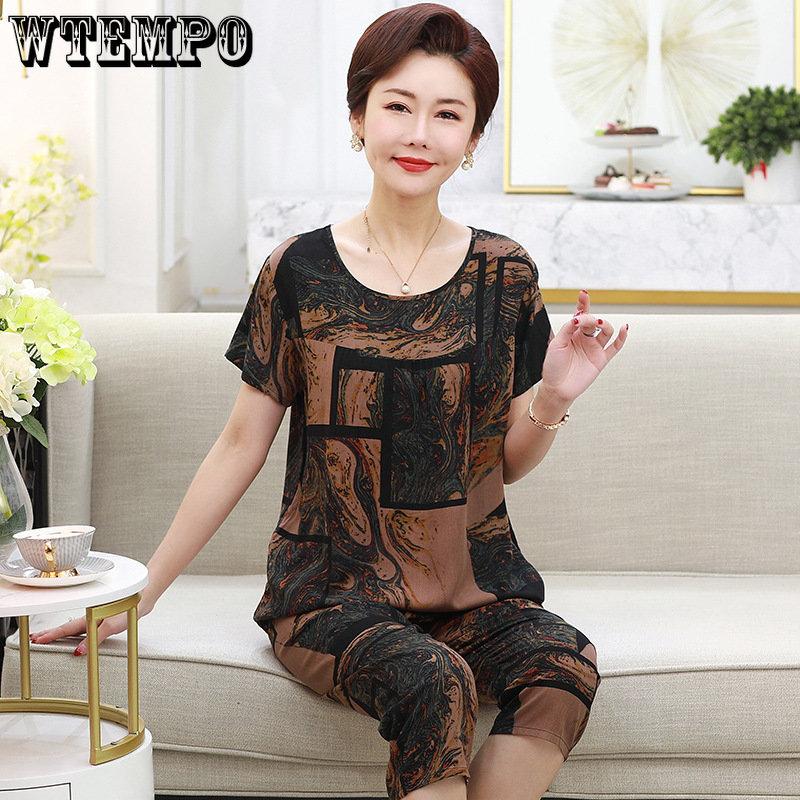 WTEMPO Sommer Mutter Zwei-stück Set Große Größe Großmutter Kleidung Kurzen ärmeln T-shirt Hosen Set Home Wear