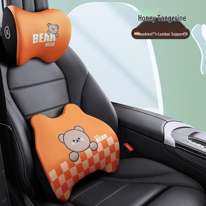 Cartoon Bear Memory Foam Lumbar & Headrest Pillow Set for Car