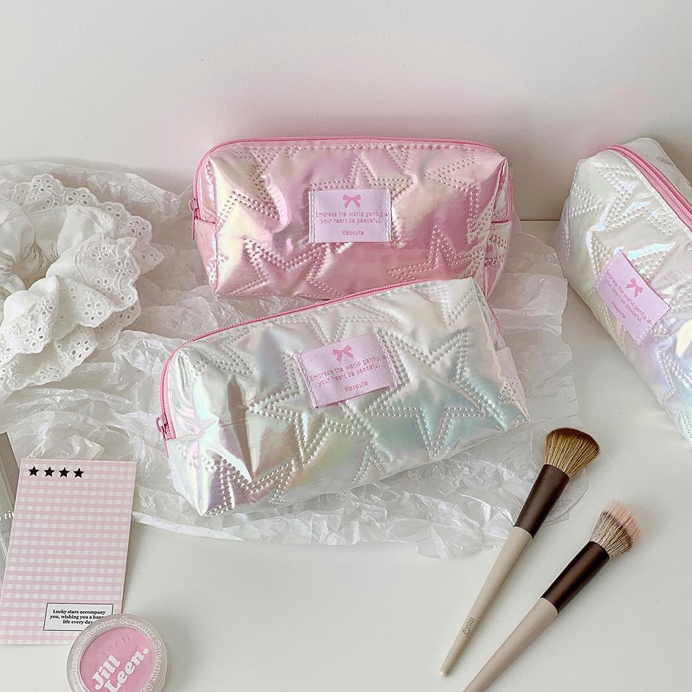 Polyester Storage Bag Star-Patterned Pink Pen Bag Pencil Case Glossy Stationery Organizer For Gift For Girls Travel School