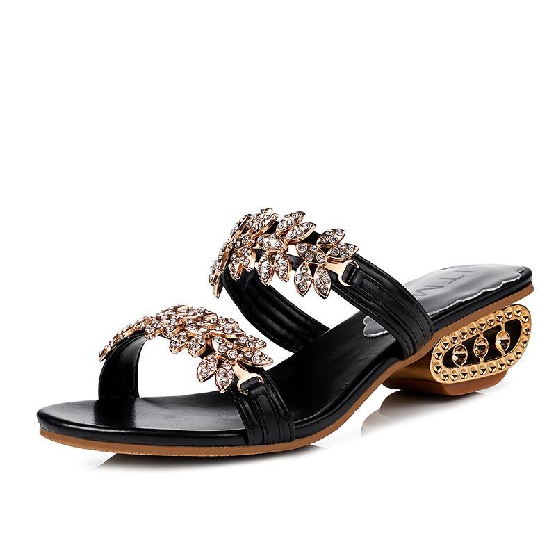 Summer new rhinestone sandals large size thick heel sandals fashionable outer wear one word medium heel women's shoes