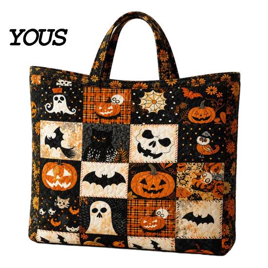 Katzenmotiv Wiederverwendbare Einkaufstasche Halloween Gesteppte Tragetasche, Kürbis Geist Aufdruck Schulter Leichte Pendler Tasche Polyester Handtasche für Freizeit