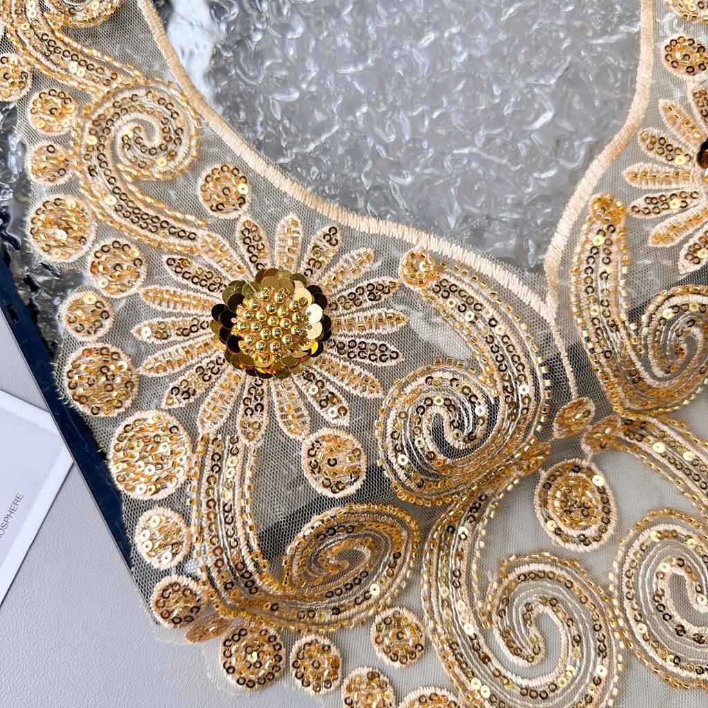 Gold Heavy Industry Mesh Bead Sequin Embroidery Patch Accessories Dress Performance Clothes Decorative Front Collar Cloth Stickers Accessories