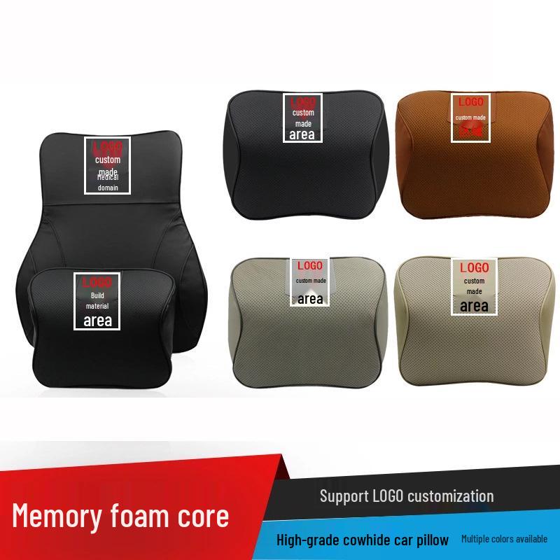 Customizable Mazda Leather Lumbar Support & Neck Pillow Set for Cars—Memory Foam, Cowhide, with Option to Add Logo