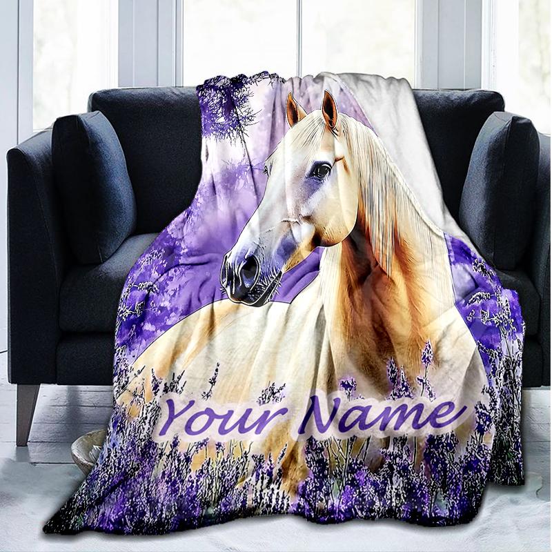 1PC Custom Name Lavender Dreams Horse Outdooor Flannel Blankets Patterns Throw Blanket All-Season Soft Gift for Couch, Bed, Camping Gifts