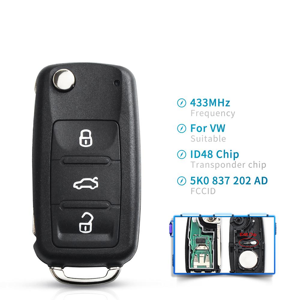 2 Buttons Remote Key For VW For Volkswagen GOLF PASSAT Tiguan Polo Jetta Beetle 5K0 837 202AD 5K0837202AD 433MHz ID48 Chip