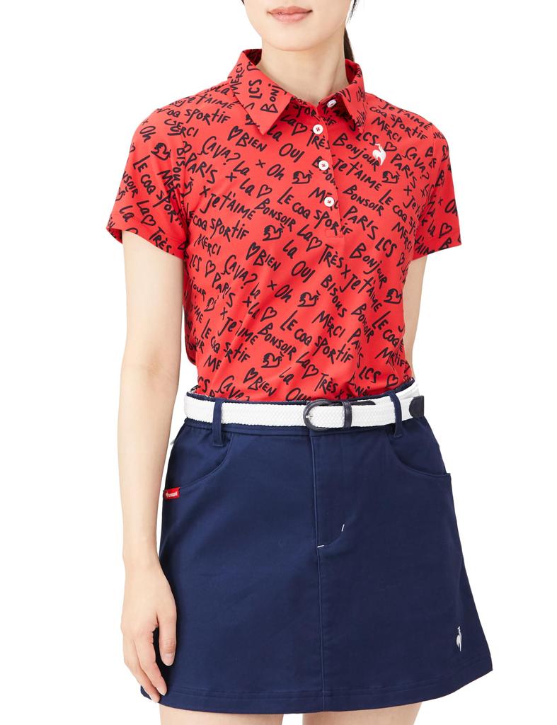 Coq Sportif Short Sleeve Shirt Handwritten Graphic Pattern Sweat Absorbent Quick Drying Stretch Sunscreen Golf QGWXJA18 RD00 [Le Golf] [Stretch