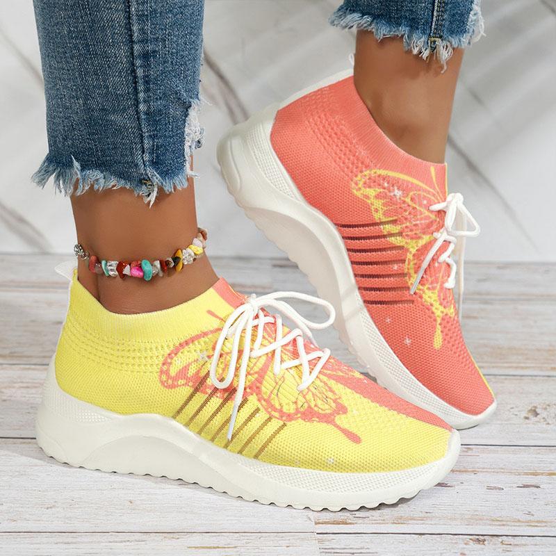 Damen Sneaker Schmetterlingsdruck Sportschuhe Mode Strickstoff Mesh Trainer Weiche Dicke Sohle Walking Jogging Laufschuhe