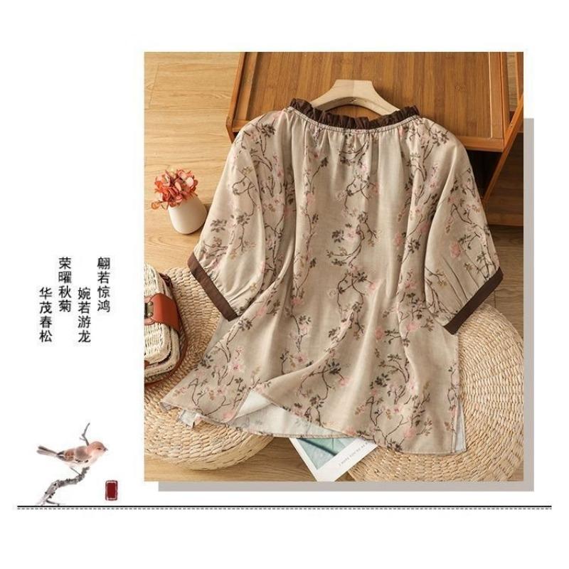 Literary Retro Fungus Collar Lace-up Printed Shirt Fashionable Round Neck Short-sleeved Pullover Comfortable Pullover Top