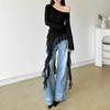 Off Shoulder Ruffles Tassel Long Sleeve T Shirt Women Sweet Streetwear Sweet Blouse Gentle Party Basic Top Slim Fit Black Tees Shirt Sexy New Shirt