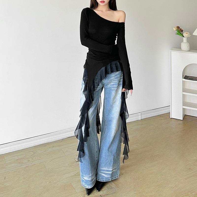 Off Shoulder Ruffles Tassel Long Sleeve T Shirt Women Sweet Streetwear Sweet Blouse Gentle Party Basic Top Slim Fit Black Tees Shirt Sexy New Shirt