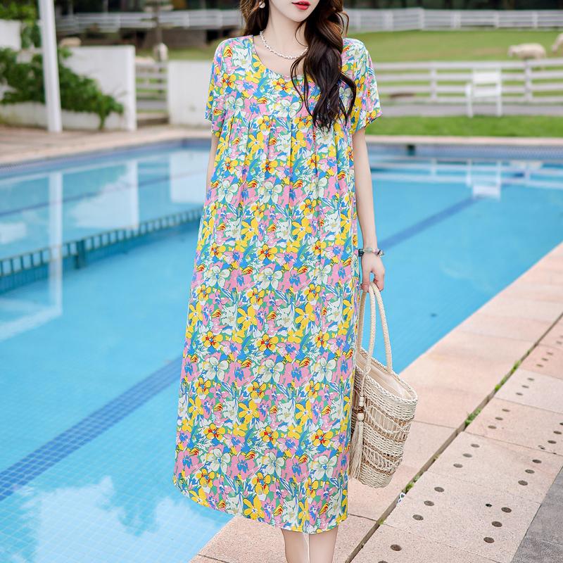 Vintage Print Loose Dresses For Women Plus Size Short Sleeve Casual Long Dress Summer Elegant Middle-aged Women's Clothing