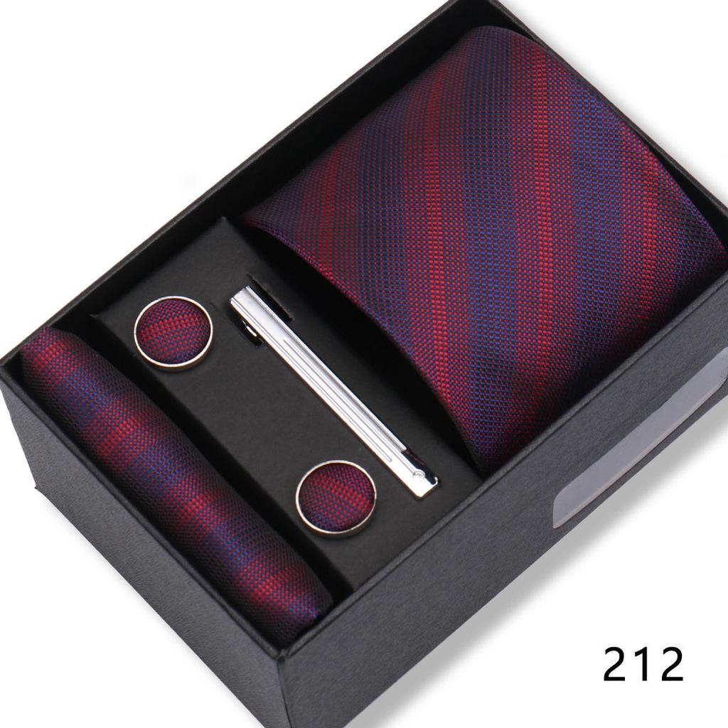 Men's Black & Wine Red Striped Plaid Tie Set with Pocket Square - Formal Wedding Gift Box