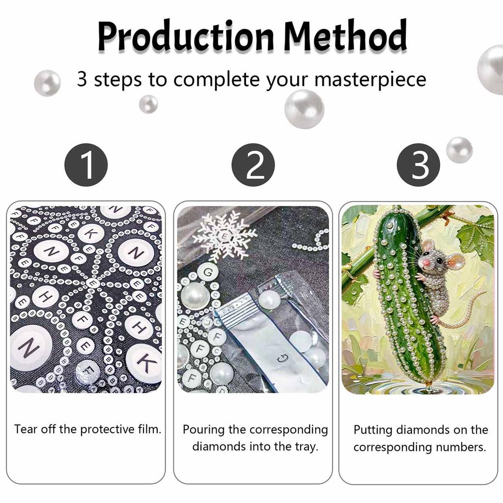 DIY Frameless Pearl Painting Kit Cute Mouse & Cucumber 3D Shiny Bead Art Canvas Relaxing Creative Craft for Home Wall Decor Gift