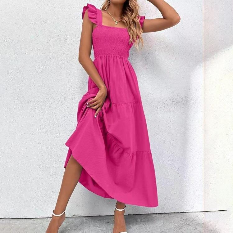 Lässiges A-Linien-Kleid Damen Einfarbig Ärmellos Hohe Taille Knöchellang Eckiger Ausschnitt Herbst Winter