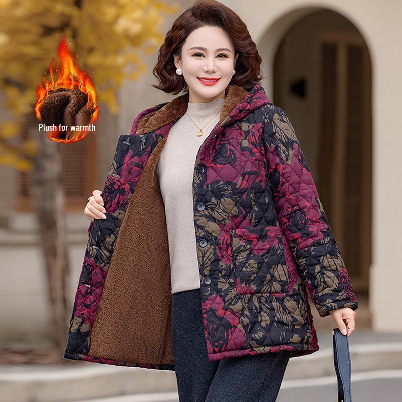 Women's Winter Hooded Fleece-Lined Cotton Jacket - Warm, Thick Coat for Middle-Aged and Elderly