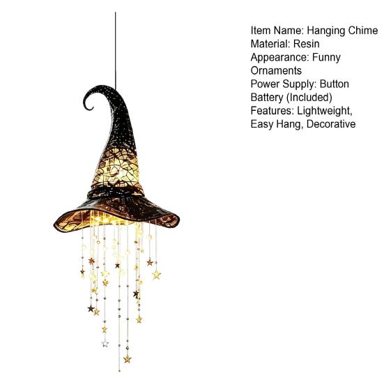 Mysterious Witch Hat Ornament Lighted Hanging Chime, LED Glowing Hollow with Halloween for Garden Star Tassels, Witches Hat, Porch Yard Window