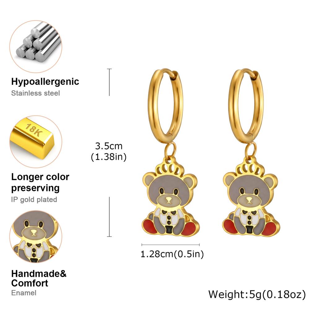 Dainty Cute Bear Pendant Earrings for Women Girl Hypoallergenic Stainless Steel Cartoon Drop Earrings Fashion Jewelry Gifts