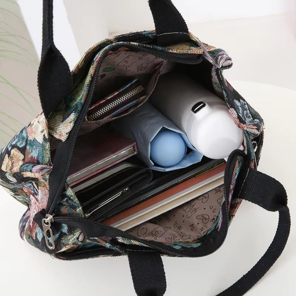 Casual Portable Floral Print Women's Tote Bag Thickened Large Capacity Lunch Bag Canvas Zipper Jacquard Handbag