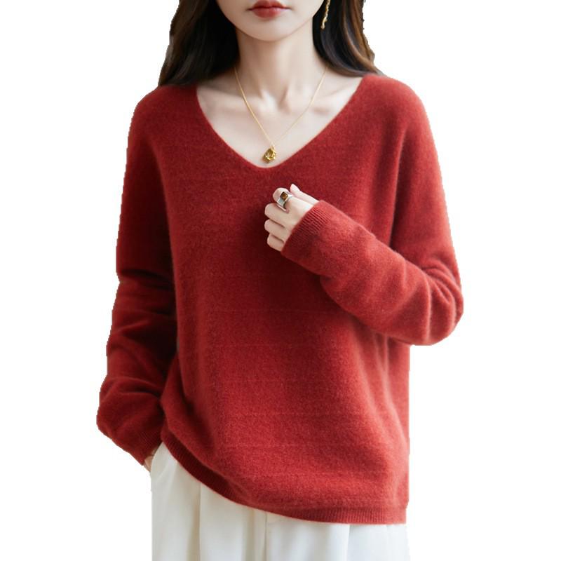 Women's V-Neck Pure Wool Sweater: Lightweight, Lazy Style Knit for Autumn & Winter, Cashmere Base Layer.