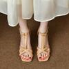 Fashion Ladies Shoes 2024 Hot Sale One-word Buckle Women's Sandals Summer Square Toe Solid Mid Heel Fashion Dress Party Sandals Women