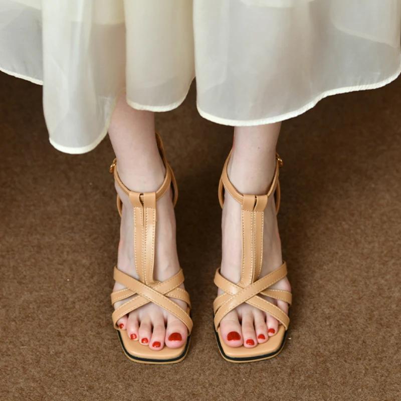 Fashion Ladies Shoes 2024 Hot Sale One-word Buckle Women's Sandals Summer Square Toe Solid Mid Heel Fashion Dress Party Sandals Women