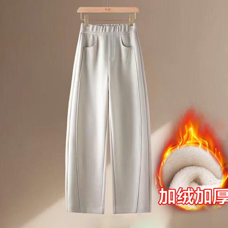 Women's Light Gray Fleece Lined Wide Leg Pants High Waist Warm Casual Trousers