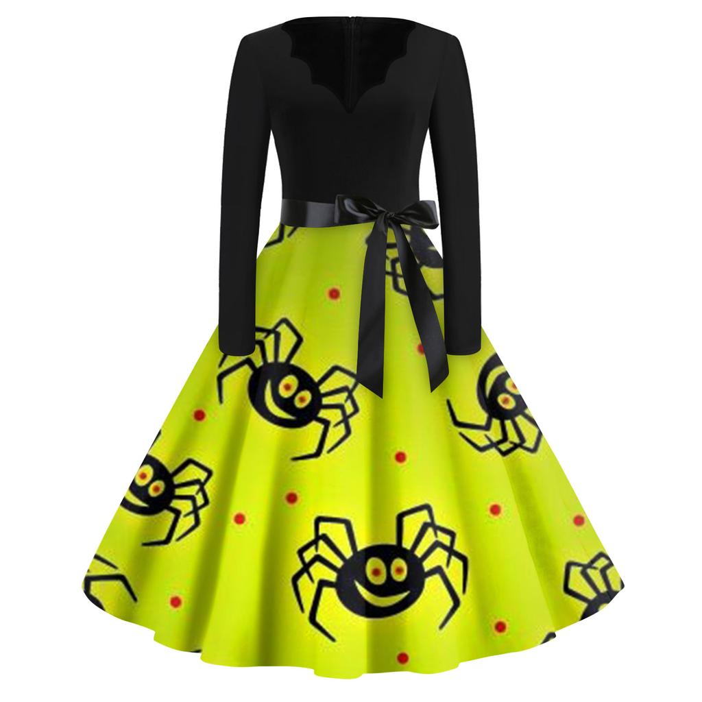 Damenmode V-Ausschnitt Lässig Schlank Halloween Bedruckte Langarmkleider