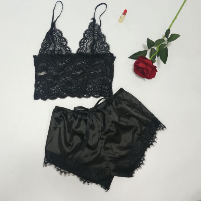 2PcsSet Women'S Pajamas Underwear Sexy Silk Satin Lingerie Women'S Sexy Lace Halter Top Shorts Pajamas Set