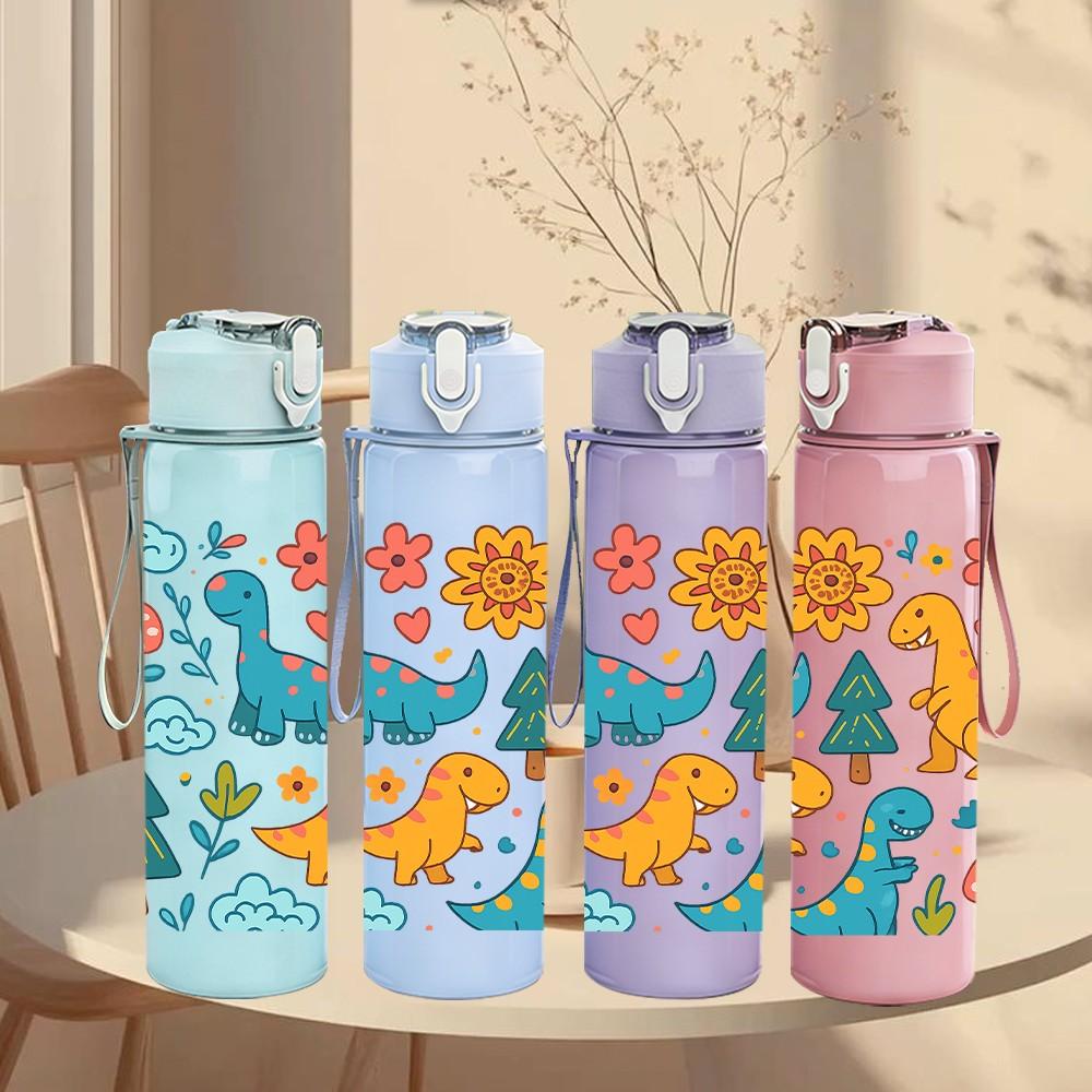 1PC Colorful Dinosaur Group Pattern 750ml Color Plastic Sports Water Bottle Leakproof Flip Straw Lid Suitable for Sports Office Home Use