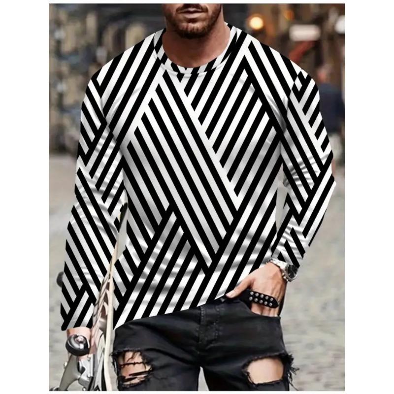 T Shirts for Man Geometric Block 3D Print Autumn Long Sleeve T-Shirt Pullover Casual Male Tops Street Lightweight Men's Clothes