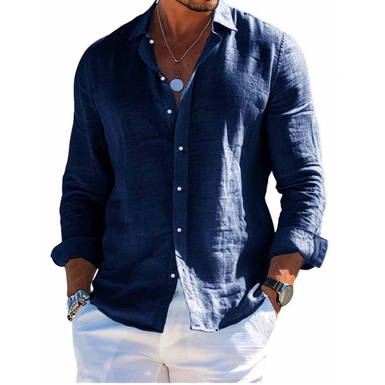 

Мужская льняная рубашка с длинным рукавом, рубашка с отложным воротником, рубашка в стиле business casual, деловая рубашка, рубашка стандартного кроя XXXL