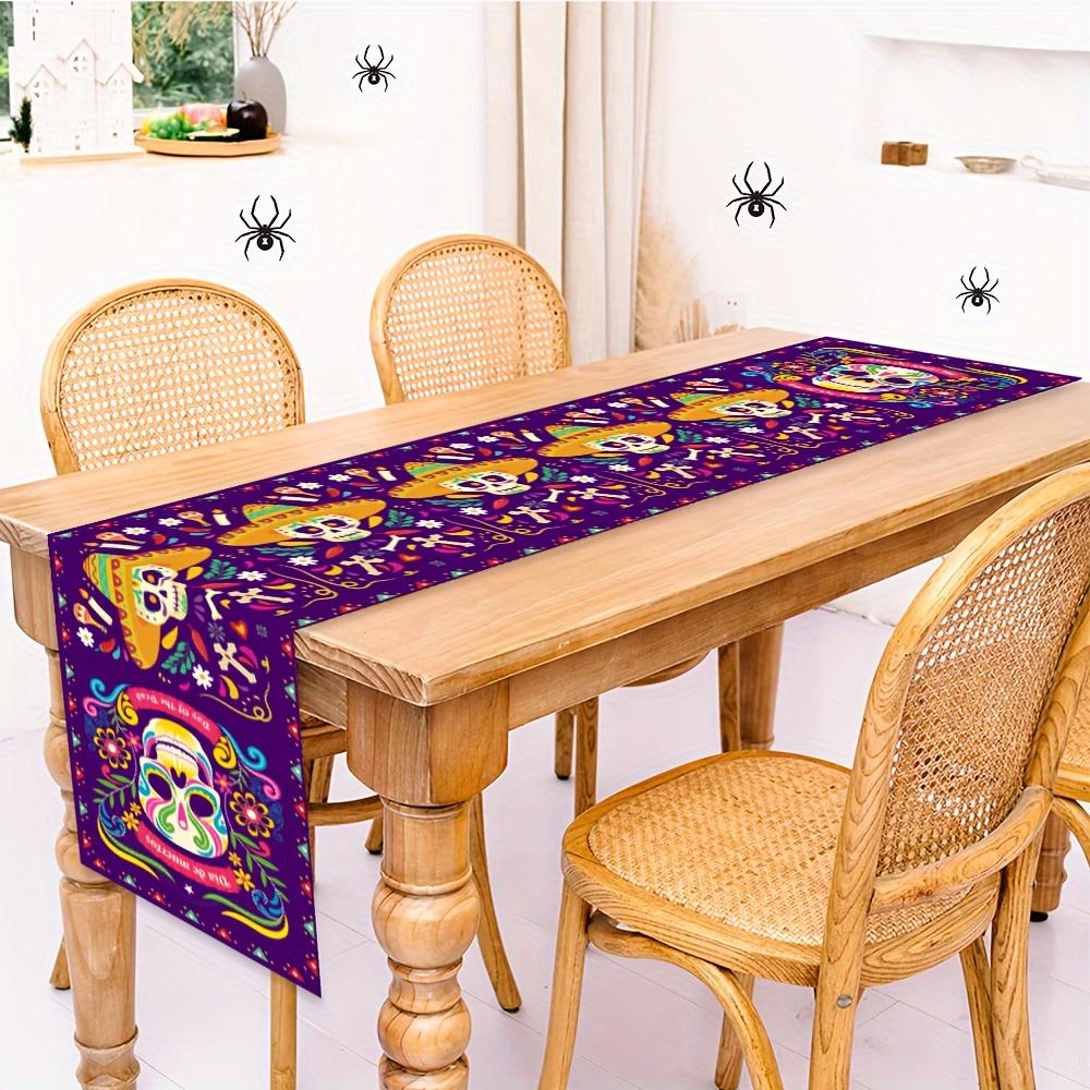 Mexico Day of The Dead Floral Skull Hat Linen Table Runner Home Decor Mexican Kitchen Dining Table Runners Fiesta Party Decor
