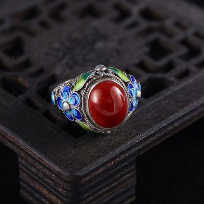 Retro Filigree Inlaid Red Ring Burnt Blue Palace Punk Gothic Open Ring For Women Handmade Unisex Designer Jewelry Accessories