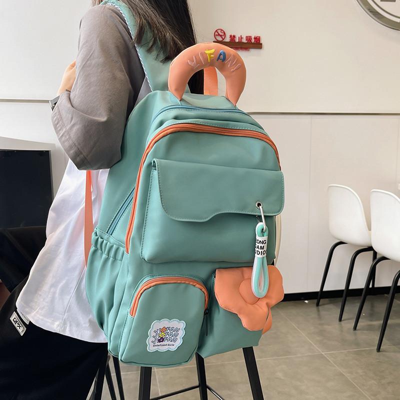 Handle Colorful Embroidered Design Color Blocked Student Backpack For Use Daily