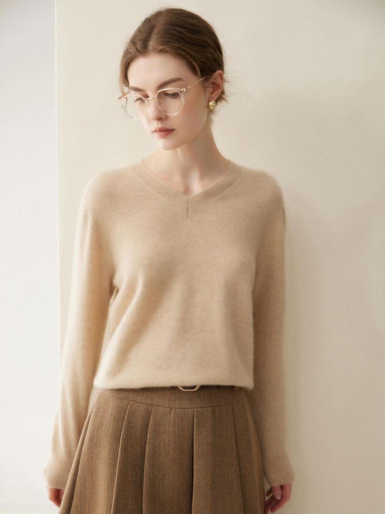 Women's 100% Cashmere V-Neck Loose Slimming Sweater, Autumn/Winter 2026 Collection, High-End Ready-to-Wear