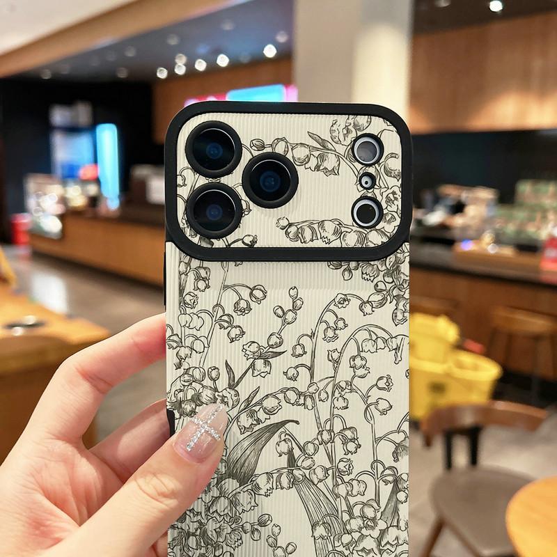 Floral Plants Printed Vertical Grain Leather Soft Silicone Phone Case Back Cover with Camera Lens Full Protection for iPhone 17