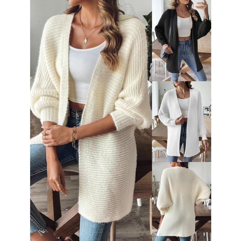 Women Casual Long Sleeve V Neck Solid Open Front Faux Mink Knit Cardigan Sweater Outerwear