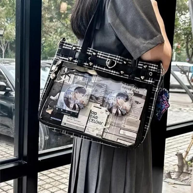 Women Fashion Checkered Pattern Retro Ita Bag Cute Girl Transparent Large Capacity Tote Bag New Shoulder Bag DIY Display Handbag
