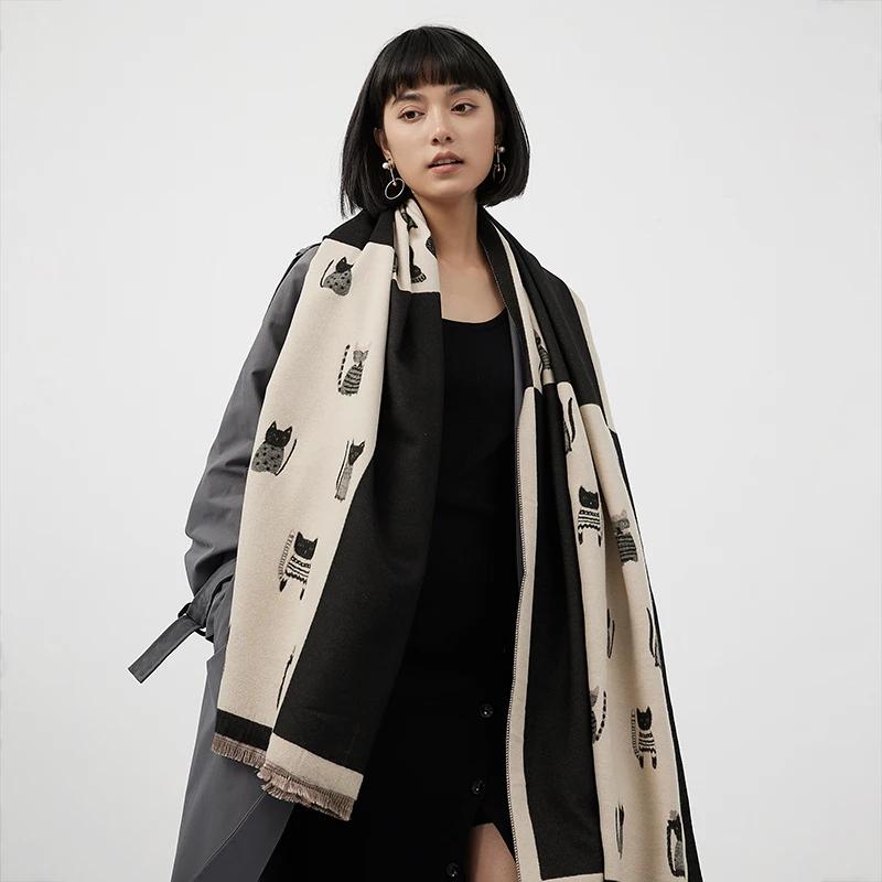 New Fashion Cute Cat Ladies' Jacquard Pashmina Cashmere Scarf Winter Thick Warmth Shawl Coldproof Windproof Blanket Scarf