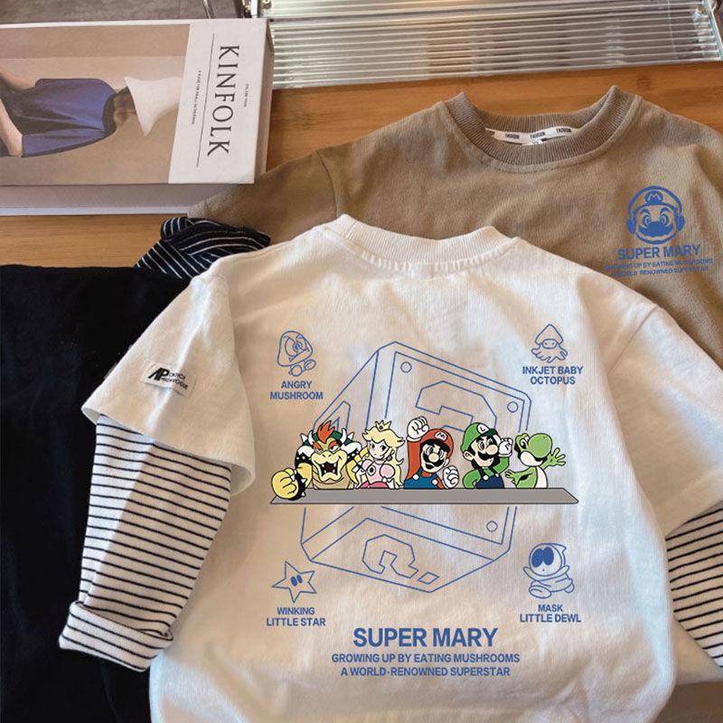 Boys Spring Autumn Cotton Fake Two Piece Long Sleeve T Shirt Loose Fit Stylish Cool Top