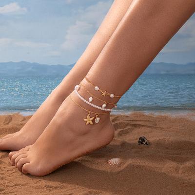 Ocean Style Multi-Layer Anklet Set, Imitation Starfish & Shell Pendants, Faux Pearl Beaded Anklet, Beach Vacation Accessory